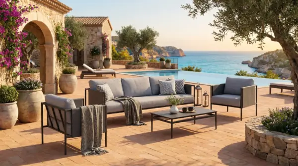 Luxury modular outdoor sofa set on a modern garden terrace in the UK.